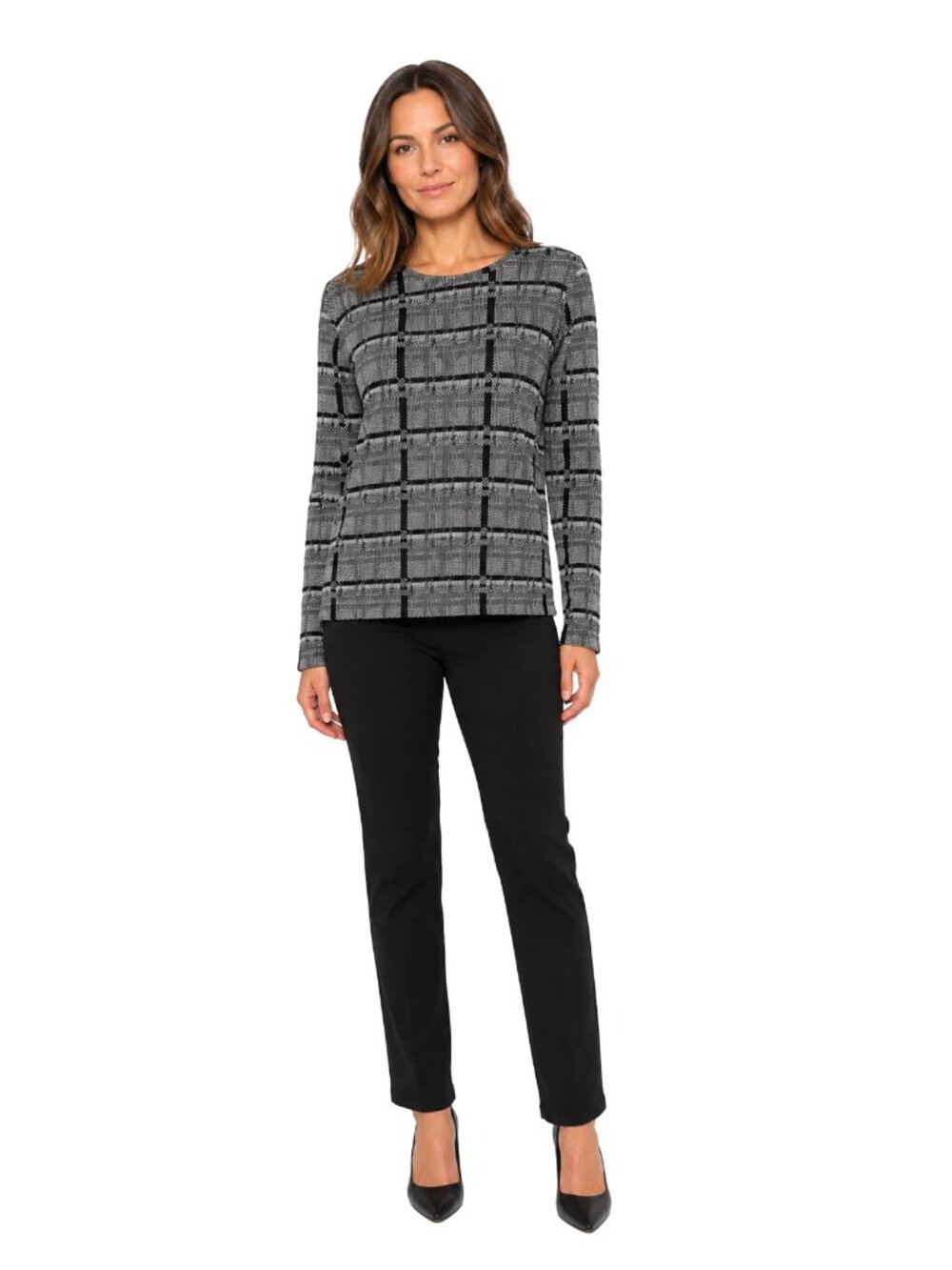 Zara Black White Plaid Knit Long Sleeve Top Size L Minimalist Chic NWOT